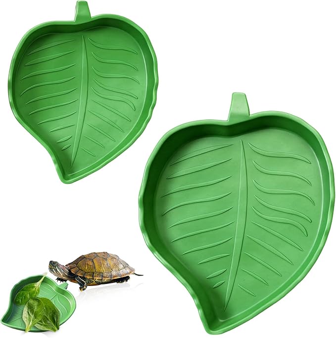 Xindojuz 4 PCS Leaf Reptile Water Dish, Reptile Water Bowl, Tortoise Habitat Accessories, Bearded Dragon Water-Bowl, Pet Food Feeding Plate for Turtle Small Snake Lizard Gecko, 2 Sizes