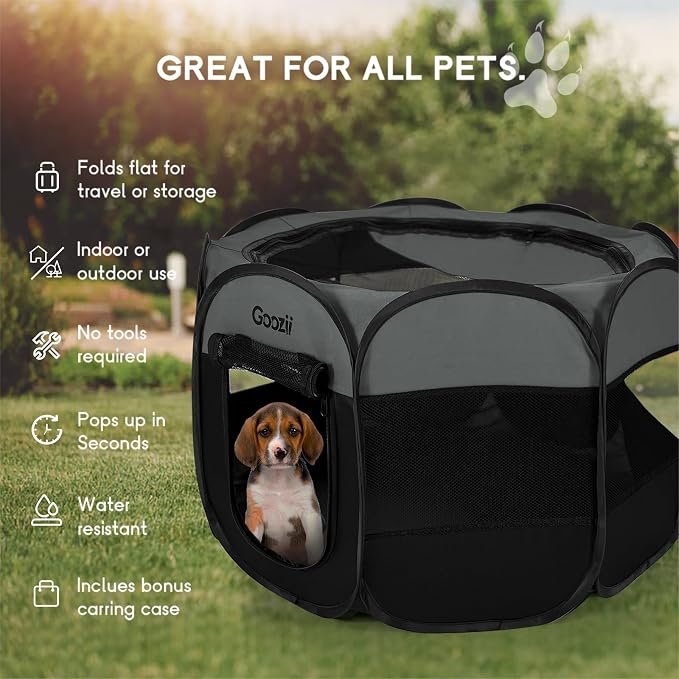 Goozii Portable Puppy Playpen Indoor, Small Dog Playpen, Pop Up Kitten Cat Play Pen Tent for Outdoor, Foldable Pet Cage Crate Kennel with Zip Gate Top Cover Bottom for Travel Camping RV Car (Black)