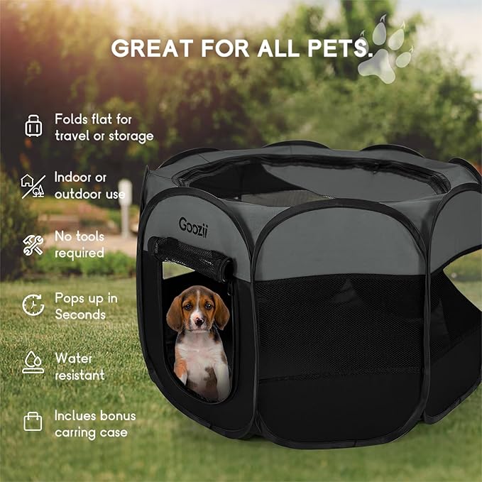 Goozii Portable Dog Playpen for Large Dogs, Collapsible Puppy Pet Cat Playpen with Zipper Top Cover (Large Size, Grey-Black)