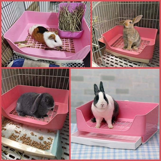 PINVNBY Large Rabbit Litter Box Bigger Pet Litter Pan Trainer with Drawer Corner Toilet Box for Adult Guinea Pigs Chinchilla Ferret Hedgehog Small Animals(Pink)
