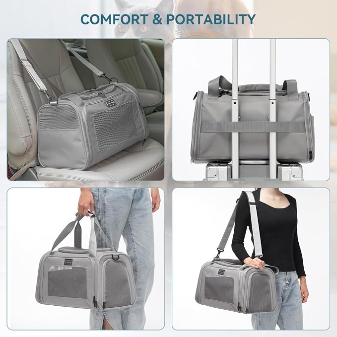 PETSFIT Cat Carrier, Grey, Small and Medium Cats Under 12 Lbs | Airline Approved, Soft Carrier, Soft Cat Travel Bag, Kitten Carrier with Extendable Mat