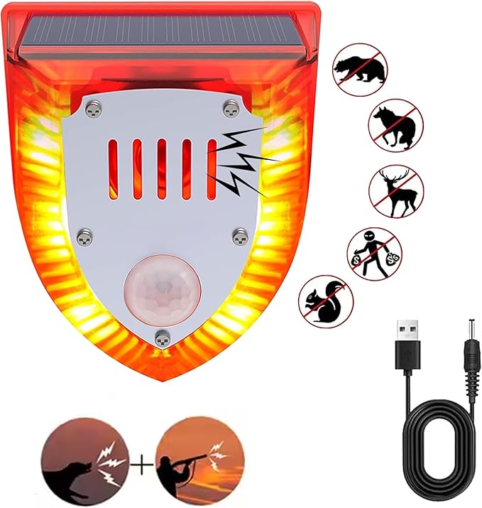Alarme solaire extérieure à détecteur de mouvement : Aboyements de chien et coups de feu 129 dB, alarme sonore de détecteur de mouvement, lampe d'avertissement stroboscopique avec aboiements de chien (911V 1 Pack)