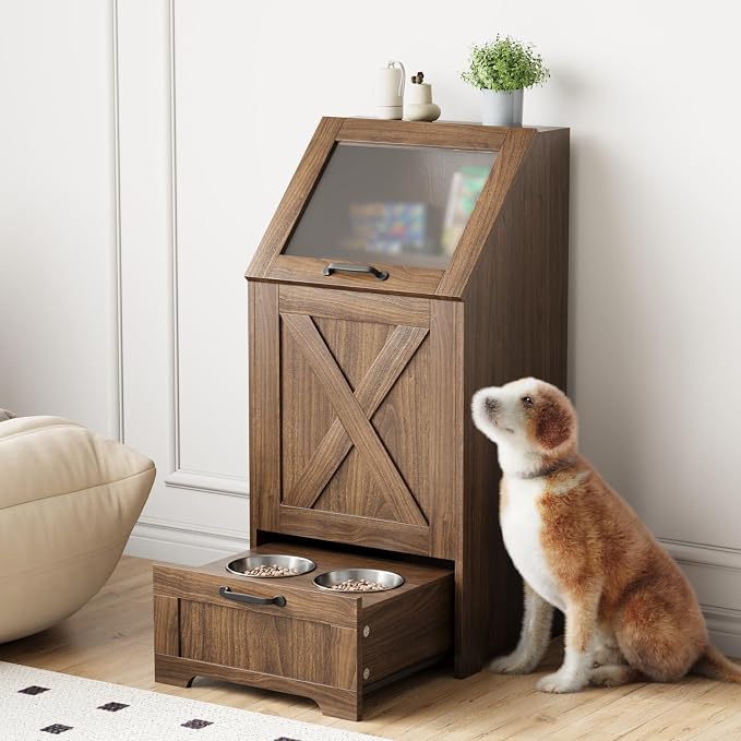 Dog Feeding Station with Storage Cabinet and 2 Elevated Dog Bowls, Hidden Pet Food Storage Organizer for Dog &Cat, Modern Dogs Furniture, Walnut