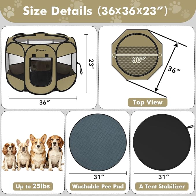 Persure Dog Cat Pet Playpen Puppy Crate Cage for Indoor Outdoor Travel | Nursing Rest Zone Recovering Pet Quarantine Room Portable Pop Up Easy to Set up lightweight Bag(Khaki with Pad, Medium)