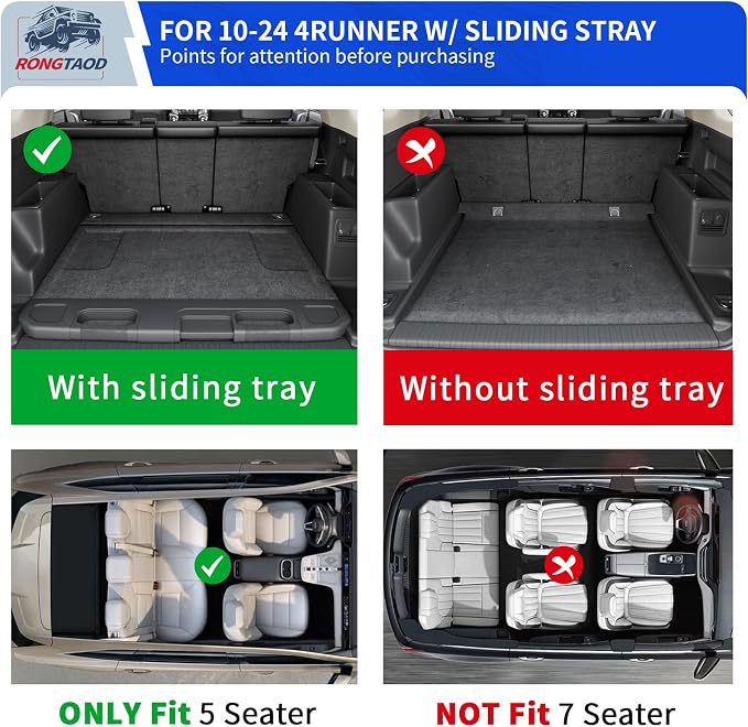 Rongtaod Cargo Mat Compatible with 2010-2024 Toyota 4Runner 5 Seats Trunk Mat Cargo Liner Back Seat Cover Protector 2023 4 Runner Accessories (Trunk Mats + Backrest Mats,Fit with Sliding Tray)