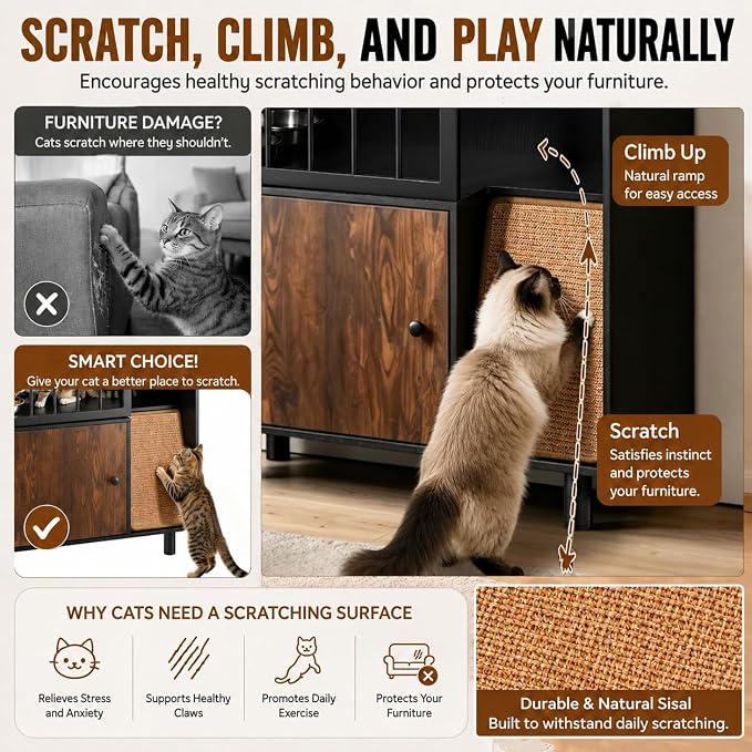 Dog Proof Cat Feeding Station with Storage Cabinet& 2 Stainless Steel Bowls, Elevated Cat Food Station with Scratching Board, Modern Wooden Cat House Furniture for Indoor Cats, Large Pet Cabinet