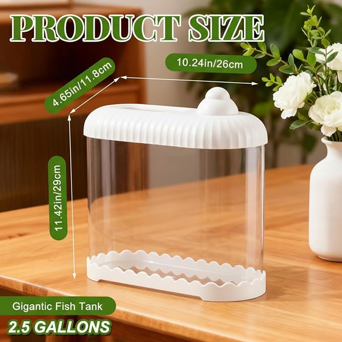 Geelin White 2 Gallon Plastic Aquaponic Betta Fish Tank Large Bowl Shatterproof Small Ecosystem Aquarium with Secure Buckle Lid, Clear Clarity for Terrarium, Flower Vase Betta Fish Tabletop Gifts