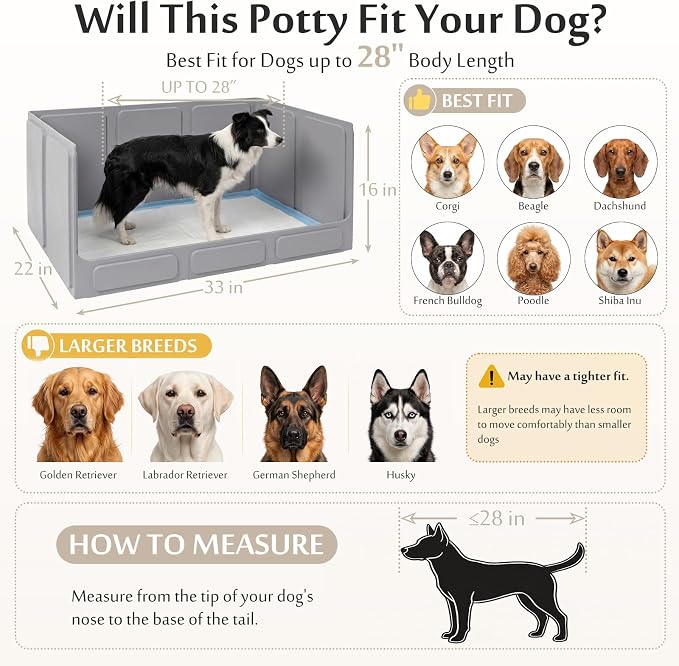 Dog Litter Box with High Walls, Foldable Pee Pad Holder, 33×22×16" | Waterproof No-Spill Indoor Dog Potty Tray, No Assembly Required, Easy to Clean and Fold, for Small and Medium Dogs, Gray