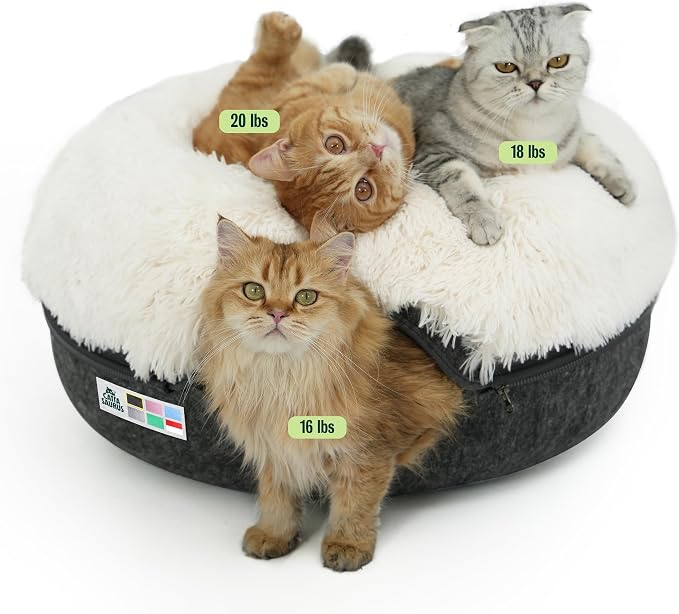 Peekaboo Cat Cave for Multiple & Large Cats Up to 30-45 Lbs, Fluffy Cat Beds for Indoor Cats, Scratch Detachable & Washable Tunnel Bed, Comfy Donut Cave (Dark Gray, Large (Calming))
