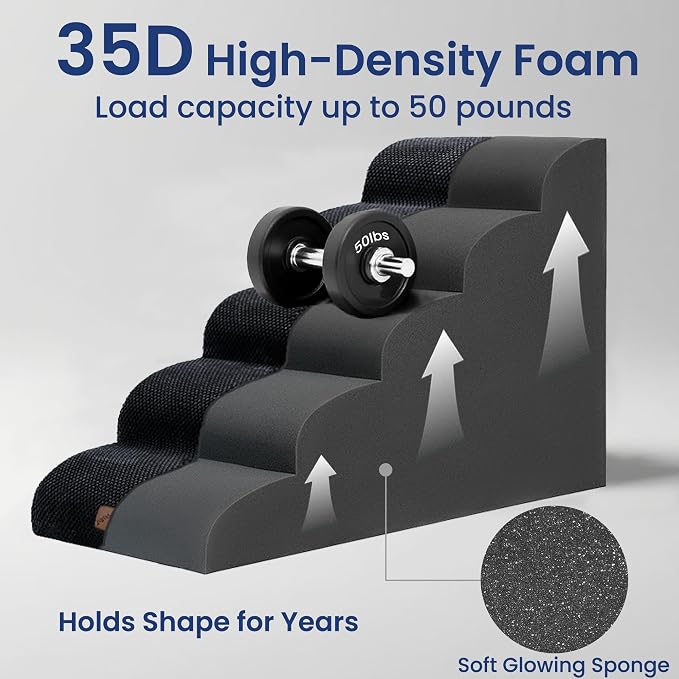 GoGoBunny Ramp Dog Stairs for High Beds 22.6" H, 5-Step Dog Slope Stairs with Durable Waterproof Fabric Cover, Pet Steps for Old Large Dogs Climbing, Non-Slip Sturdy Indoor Step, Black