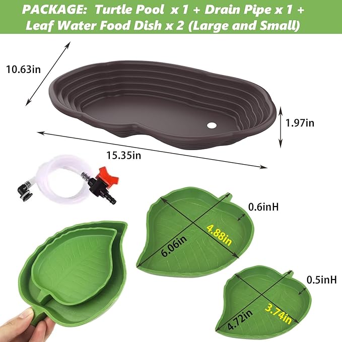 3PCS Tortoise Water Bowl with Ramp Leaf Tortoise Water Food Dish Turtle Pool Tortoise Bathing Pool Reptile Water Dish Large Soaking Dish Box Turtle Habitat Accessories (with Drainage Pipe)