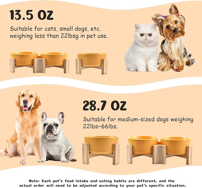 SPUNKYJUNKY 15° Slanted Ceramic Dog and Cat Bowl with Wooden Stand, Tilted Bulldog Food and Water Bowl No Slip Non-Spill for Cats Medium Dogs Big Face Pets 28.7 OZ (3.6 Cups, Yellow)