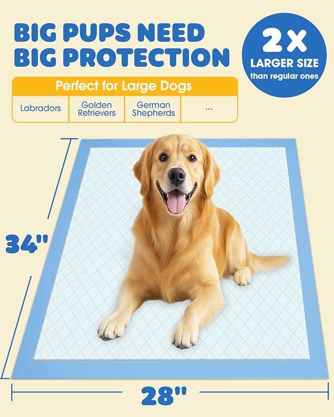 Powools Puppy Pads for Dogs, 34x28 in, 6-Layer Leakproof, 50-Pack, Thicker | Extra-Large Pee Pads, Disposable, Quick-Dry Dog Pads, High Absorbency, Wee Wee Pads for Dogs, Easy Puppy Potty Training
