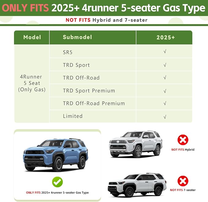 Cargo Liners for 2025 2026 Toyota 4Runner 5 Seats Gas, Trunk Mat with Seat Back Cover All Weather Rear Cargo Mat Backrest Protector Accessories (Not for Hybrid EV&i-Force MAX)
