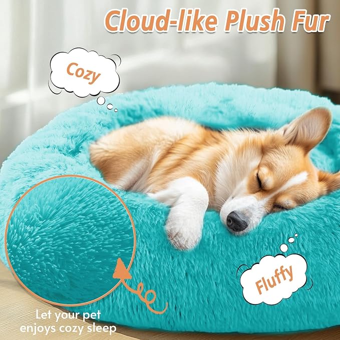 JOLLYVOGUE Calming Dog Bed Medium Size Dog, 31in Donut Washable Medium Pet Bed, Anti-Slip & Anti-Anxiety Fluffy Faux Fur Round Dogs Bed, Fits up to 45 lbs Pets (Aqua Blue)
