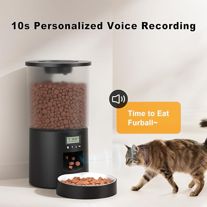 Automatic Cat Feeder 4.2L,6 Meals/Day,Dual Power Portion Control Feeder,Dry Pet Food Auto Dispenser,Timer Setting,10S Voice Record (Transparent Black, Stainless Steel Bowl)