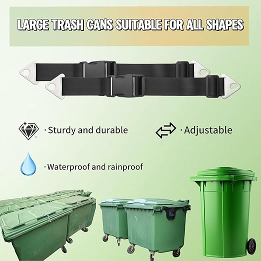 2 PCS Adjustable Dual-Claw Trash Can Lock Strap - Bear/Raccoon/Dog Proof, Anti-Rust Metal Buckle, One-Hand Release (Deep Black)