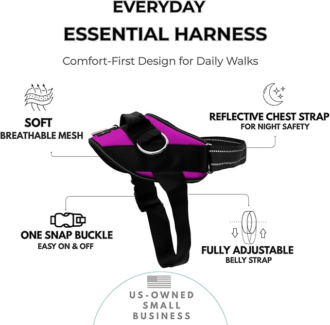 ShawnCo Essential Dog Harness, No-Pull Pet Vest (Orchid,L) | 3 Leash Clips, Easy On, No-Choke, Reflective, Adjustable Fit, Padded Comfort, Control Handle, For Small, Medium & Large Dogs