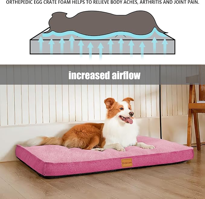 Patas Lague Orthopedic Large Dog Bed Washable Pet Sofa Mat 36''X24'' Pink | Egg-Crate Foam Dog Couch For Large Sized Dogs, Waterproof Removable Cover, Soft Pet Crate Bed With Nonskid Bottom