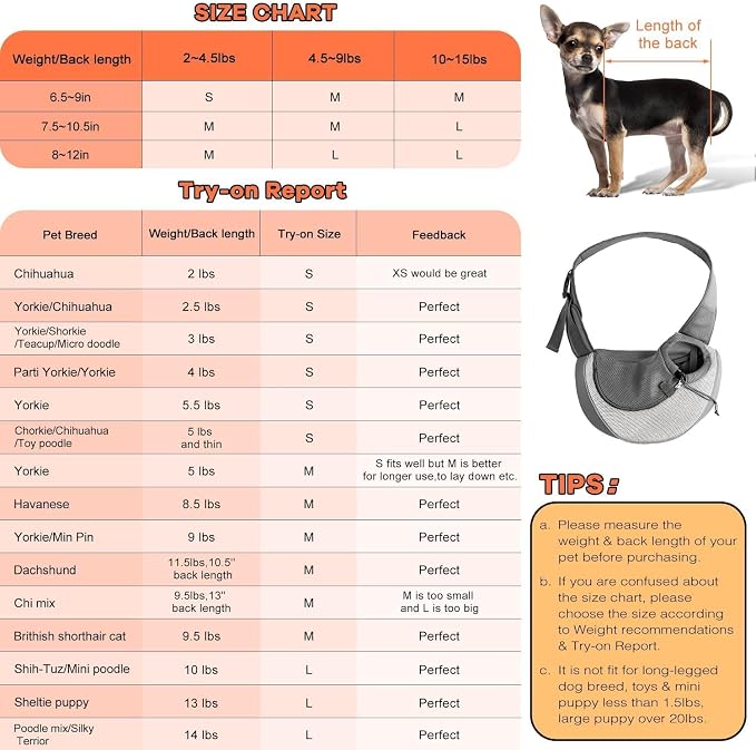 YUDODO Pet Sling Carrier for 5-9 lbs Small Dogs Cat Puppy Crossbody Carrier | Hands-Free, Safety Hook, Large Zipper Pocket, Soft Breathable Mesh, Adjustable Strap, Reflective Strip, Grey, M