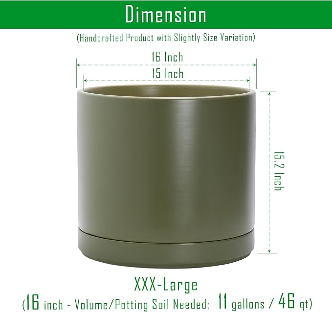 D'vine Dev 16 Inch Ceramic Planter Pot, Olive, 94-O-H-J | Modern Cylinder Design, Drainage Hole & Saucer Included, Stable Structure, Elegant Home Accent