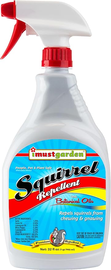Répulsif anti-écureuils I Must Garden : Protège véhicules, plantes, terrasses et meubles – Efficace contre les tamias – Flacon prêt à l'emploi de 946 ml