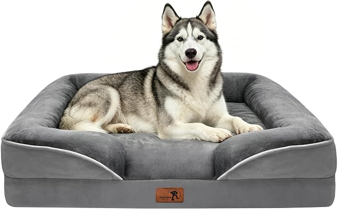 Spotted Play Orthopedic Dog Bed with Sides - Dog Sofa Beds for Large Dogs, Supportive Foam Pet Couch Bed with Washable Removable Cover, Waterproof Lining and Non-Slip Bottom, Grey - L-Plus