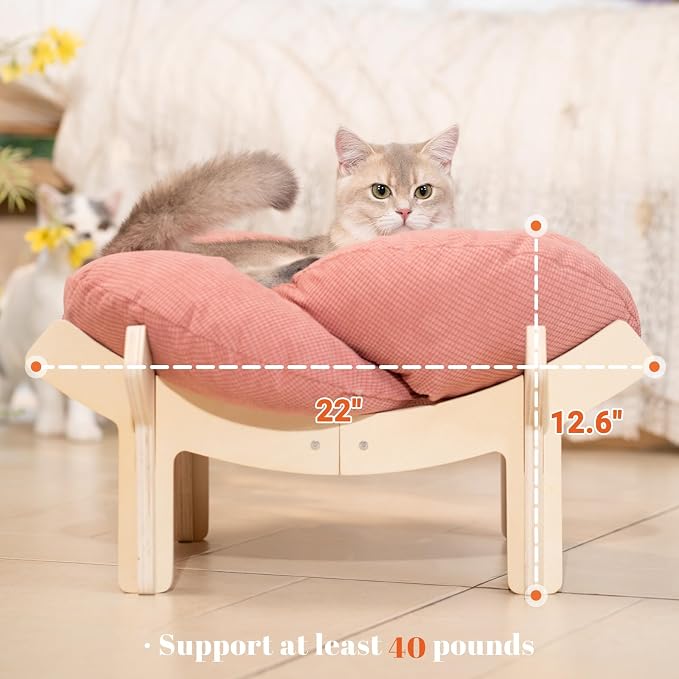 Elevated Cat Bed for Indoor Cats Couch Sofa Flower | Pet Beds with Soft Washable Cushion, Stable Wooden Frame, Raised Cat Hammock & Furniture for Kitty & Puppy All-Season(Pink)