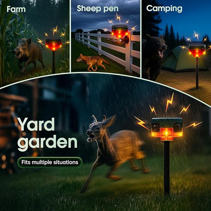 Solar Outdoor Motion Sensor Alarm, 130dB Dog Barking & Gunshot Sound, 13 Sounds, Strobe Light, Support Recording & Volume Control, Keeps Unwanted Animals Away from Yard, Garden, or Farm