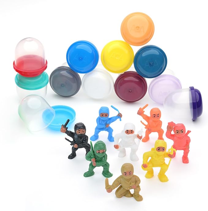 Vending Machine Capsules with Toys - 100 Pcs of 1.1 Inch Tiny Frosty Clear-Colored Acorn Capsules and Mini Ninja Warriors Figurines for Kids - Plastic Capsules for Toys Bulk - Easter Basket Stuffers