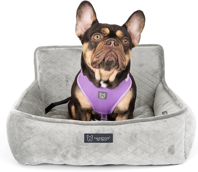 NANDOG Luxury Dog Car Seat Bed for Medium Dogs, Micro Plush Pet Seat with Removable & Washable Cushion Insert, Thick Safety Seatbelt Straps, Secure Travel Carrier, Light Grey, 22" L x 18" W