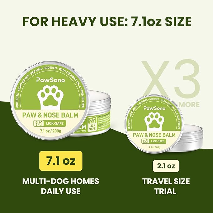 PawSono Lick-Safe Dog Paw & Nose Balm with Coconut Oil | All-Natural Moisturizer & Soother for Dry, Cracked Pads & Snout | Heat & Cold Pavement Protection Wax, Nose Butter for Bulldogs (7.1 oz / 200g)