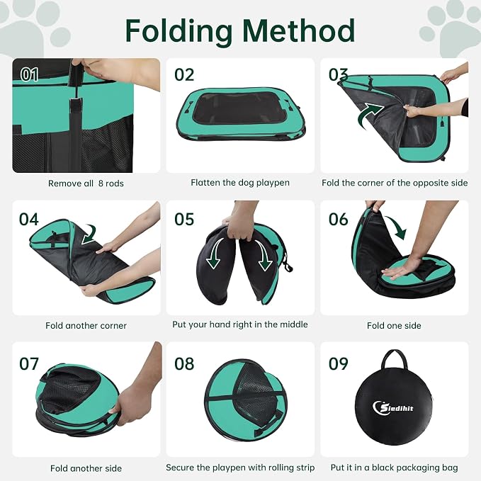 Siedihit Dog Playpen, Cat Pet Puppy Crate, Portable Playpens Indoor Outdoor (Green, Large)