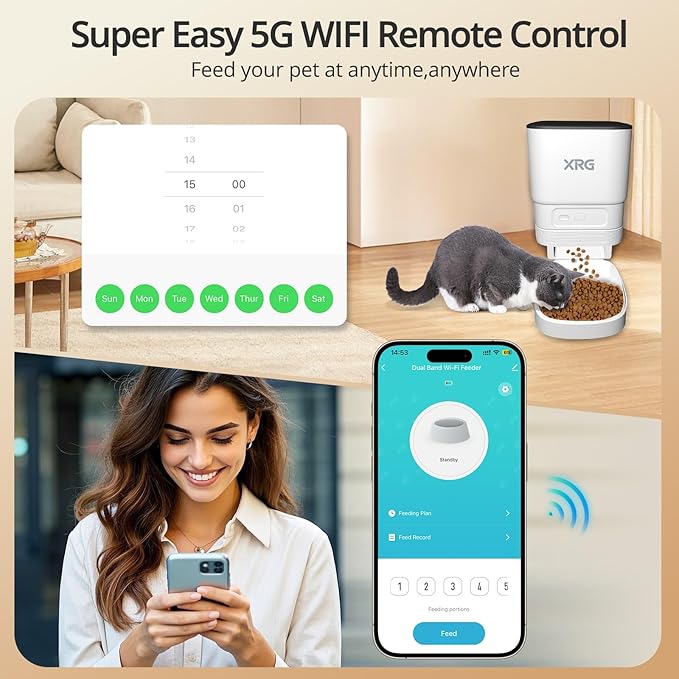 Automatic Cat Feeder 5G WiFi,Automatic Dog Feeder Double Anti-Blocking,WiFi Auto Timed Cat Dispenser 10 Meals A Day,Dog Food Dispenser Dual Power with 10s Voice Recorder,Easy to Install & Clean,White