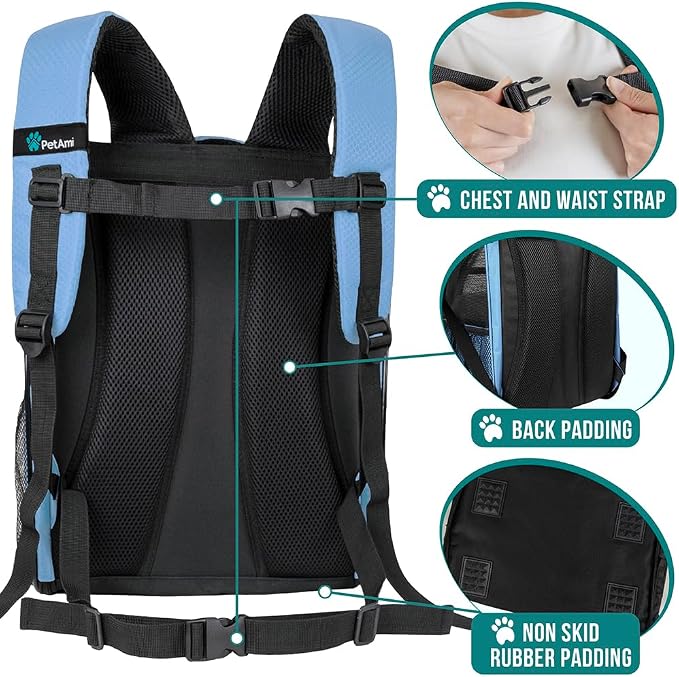 PetAmi Dog Backpack Carrier Airline Approved Cat Pet Puppy Bag, Light Blue | Ideal for Small Medium Large Pet up to 18 lb, 2 Side Entry Structured No-Collapse Frame, Ventilated Bookbag for Hiking Travel