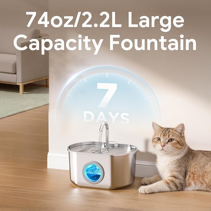Cat Water Fountain Stainless Steel: 74oz/2.2L Cat Fountain for Drinking | Pet Water Fountain Inside - Automatic Dog Watering Dispenser Bowl - Pet Feeding & Watering Supplies