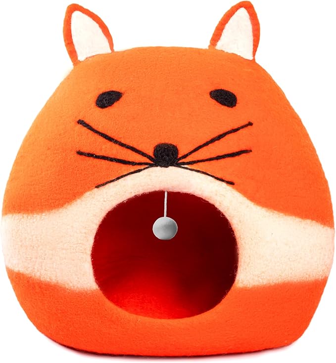Luxurious Merino Wool Cat Cave - Foldable Hideaway Pod for Indoor Cats - Premium Felt Kitten Pet Enclosure - Covered Cat House for Ultimate Cozy Comfort by Woolygon (Fox)