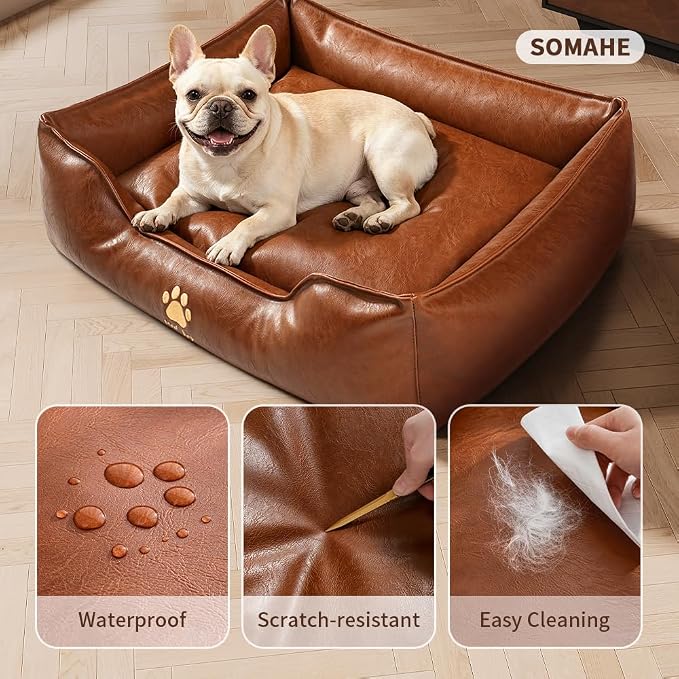 SOMAHE Waterproof Leather Dog Bed, Bolster Couch, 24x19x9 Brown | Wipe-Clean Waterproof Leather + Removable Cushion: raised bolsters create a cozy bed for small-medium dogs.