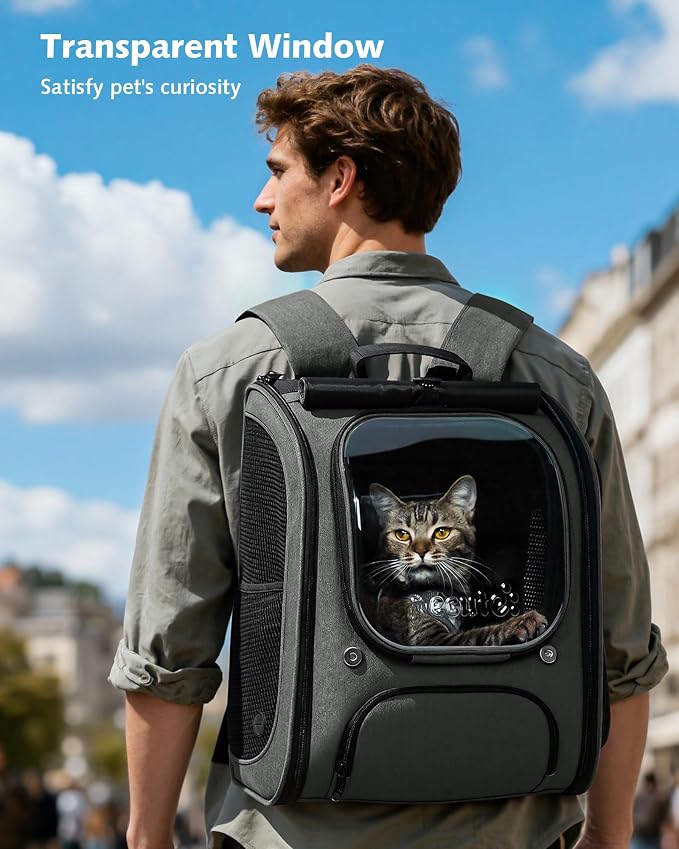 Pecute Cat Backpack Carrier,Large Space Cat Bubble Backpack,Ergonomic,Gray | Expandable,Sunshade Curtain,Transparent Window,Safety Rope,Sturdy,Large Mesh on Both Sides for Breathability,for Outdoor,Vet