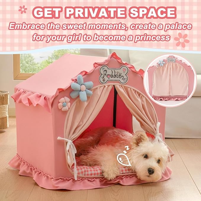 Indoor Dog House with Frame, Cute Dog Tent Bed with Cover Cave | Breathable, Washable, and Foldable House, Suitable for 14-26 Lb Puppy and Cats, Medium (20"×20"×20"), Pink