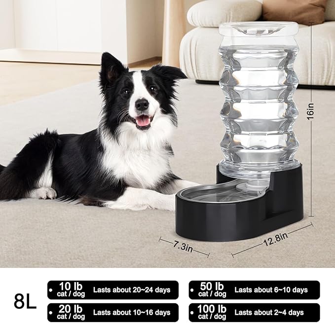 RIZZARI Distributeur d'eau pour chien : 8L à gravité en acier inoxydable noir avec triple filtre - Anti-débordement - Facile à nettoyer - Pour les propriétaires de chiens énergiques - Familles multi-animaux - Jardin - Balcon