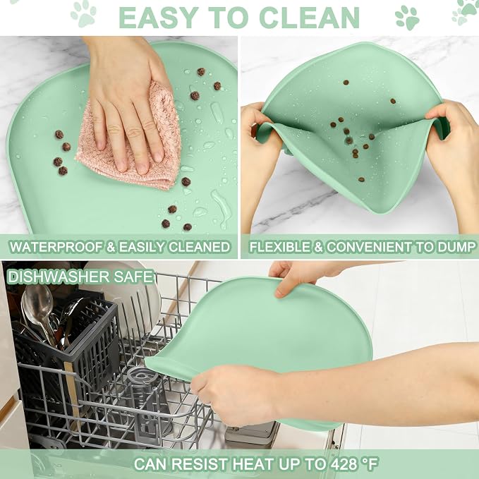 SMILOOL Waterproof Silicone Pet Food Mat with Raised Edge for Dog & Cat | 12" x 12" Non-Slip Small Pet Feeding Mats with Lip for Food & Water Bowl, Food Grade, Easy Cleaning, Mint Green