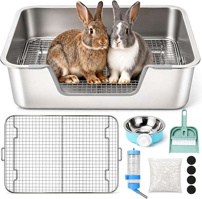 Rypet Large Rabbit Litter Box, Bunny Litter Box High Side with 304 Stainless Steel Sifting Tray, Metal Small Animal Litter Pan with Pet Food Bowl and Water Bottle, Non-Slip Easy to Clean Odor Control