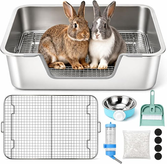 Rypet Large Rabbit Litter Box, Bunny Litter Box High Side with 304 Stainless Steel Sifting Tray, Metal Small Animal Litter Pan with Pet Food Bowl and Water Bottle, Non-Slip Easy to Clean Odor Control