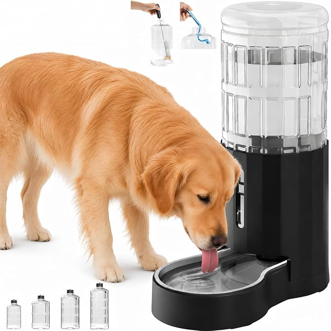 CZPET Dog Water Bowl Dispenser 9.5L, Wider Mouth Gravity Refilling (Black) | Upgraded Brush, Easy to Clean Automatic Cat Waterer with Removable Stainless Steel Bowl, Large Drinking Area for Multi-Pet