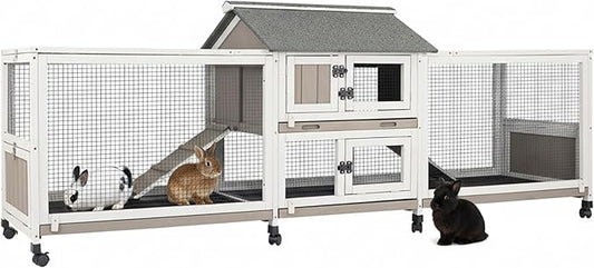 PetsCosset Outdoor Wooden Rabbit Hutch with Double Runs,Waterproof Asphalt Roof Bunny Cage with Raised Floor, Easy-Clean Design Pull Out Tray, Secure & Comfortable Hut for Rabbits