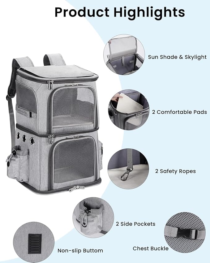 HOVONO Double-Compartment Cat Backpack Carrier for Mulit-Cat Families | Extra Large Pet Backpack Carrier for 2 Cats with Removable Divider and Breathable Mesh Windows for Hiking/Camping/Vet Visits