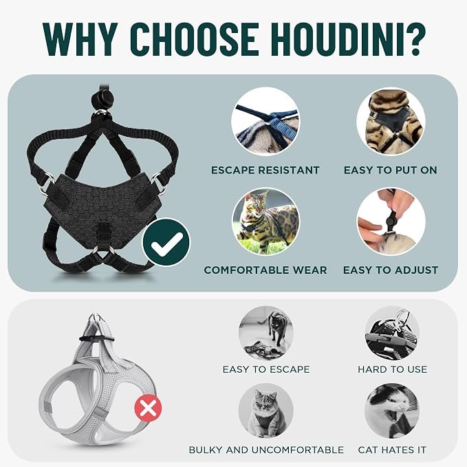 Houdini™ Escape Proof Cat Harness and Leash (Black, XL) | Adjustable walking vest with 6ft lead, breathable mesh, secure snug fit, lightweight for travel, hikes and daily adventures