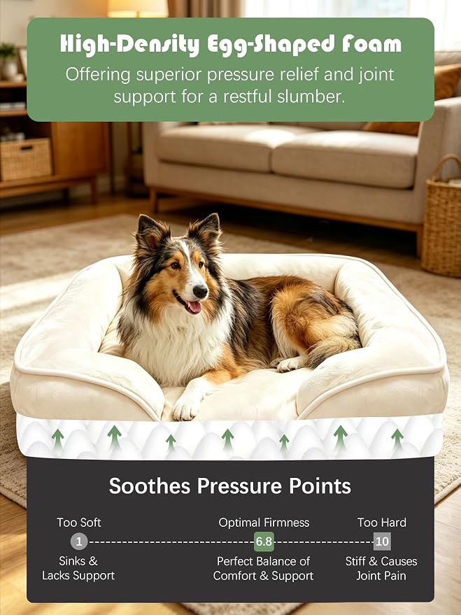 Spotted Play Orthopedic Dog Bed with Sides - Sofa Beds for Large Dogs, Supportive Foam Pet Couch Bed with Washable Removable Cover, Waterproof Lining and Non-Slip Bottom, Ivory - L-Plus