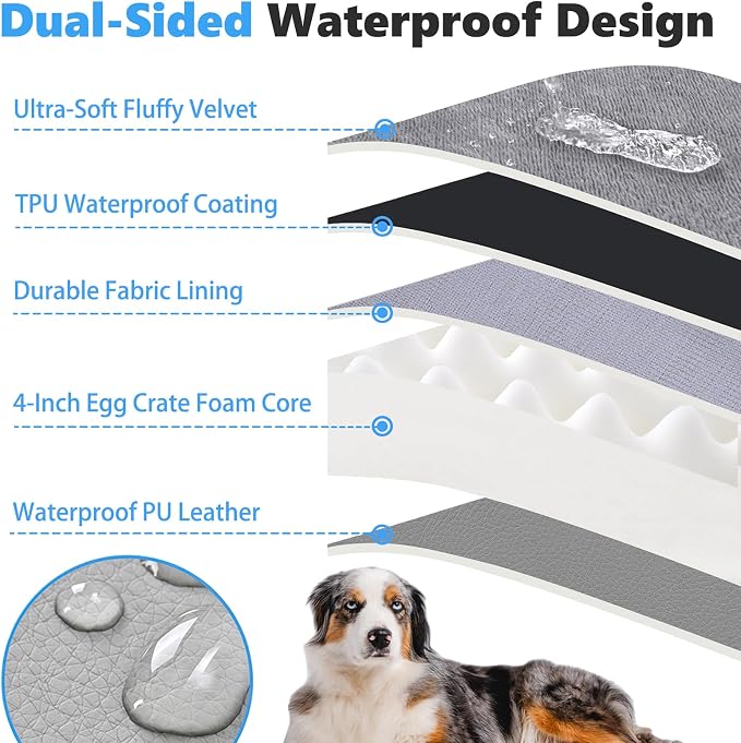 Backseat Dog Bed, Dog Bed for Car Back Seat, 4in Orthopedic Egg Crate Foam Pet Bed with Reversible Plush & Faux Leather for Backseat Extender – Waterproof, Stable Fit, Washable (55"x26.5", Gray)